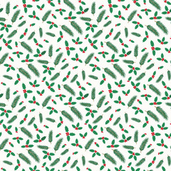 Fototapeta premium Festive Christmas pattern vector. Seamless botanical pattern with holly, berries, and pine. Holiday Winter Nature Wildlife Design.