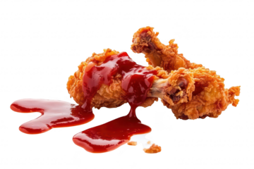 Crispy fried chicken drumsticks drizzled with tangy red sauce. placed on a clean white surface. highlighting the delicious texture and color. ideal for culinary promotions or food blogs