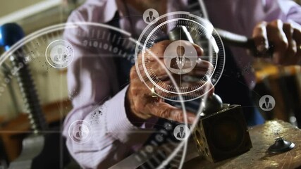 Senior metalsmith placing stamp on metal cube, hammering while HUD overlaying hand nodes - Powered by Adobe