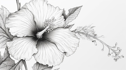 Fototapeta premium Detailed pen and ink drawing of a blooming hibiscus flower isolated on white background, showcasing the intricate beauty of natures floral design