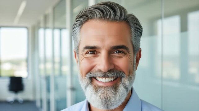 Smiling Mature Man With Gray Hair and Beard in Office Setting image photo