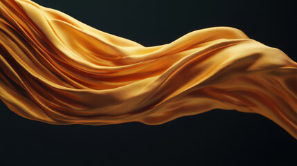 Dynamic flow of golden fabric waves and ribbons with smooth texture floating gracefully on black background