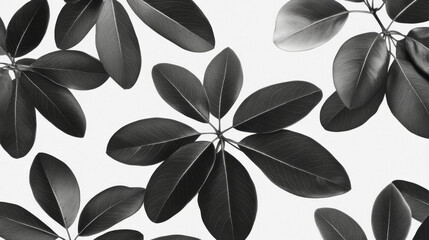 Dynamic monochrome floral wallpaper design featuring dark leaves with detailed veins creating elegant and natural pattern in black and white