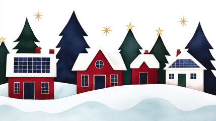 Obraz premium Christmas village with red house snowy roof pine tree and star festive winter landscape joyful holiday scene