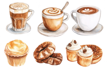 A delightful assortment of coffee beverages and pastries displayed on a white background. intricate latte art. a cupcake. and various baked goods. perfect for a cozy caf? setting