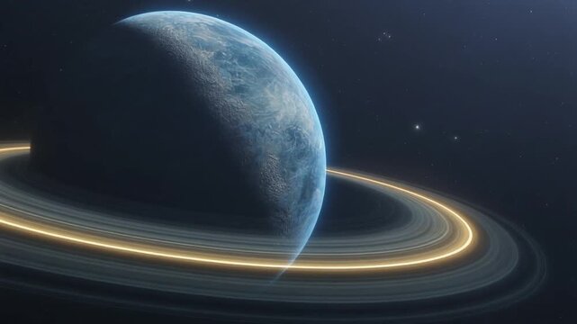 Stunning rotating planet surrounded by glowing ring light trails set against the deep blackness of space, creating a dramatic cosmic atmosphere ideal for futuristic and sci-fi visuals