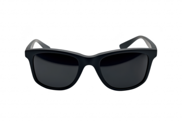 A pair of stylish black sunglasses displayed against a clean white background. their sleek design and modern appeal. ideal for fashion and accessory photography