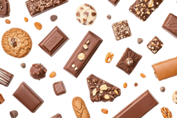An assortment of various chocolate bars. cookies. and confections arranged artistically on a clean white background. textures and flavors for a tempting dessert display