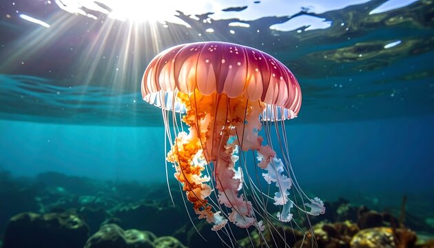 Close-up of a jellyfish, lit by the sun, swimming in clear, blue water