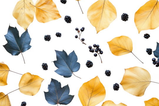 A arrangement of autumn leaves in various shades of yellow and blue scattered on a white background. complemented by clusters of blackberries. creating a seasonal aesthetic - Powered by Adobe