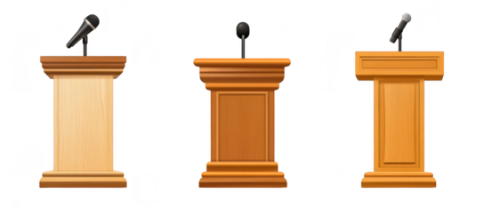 A collection of three distinct podiums featuring microphones. various wood finishes. set against a clean white background. ideal for presentations or public speaking events