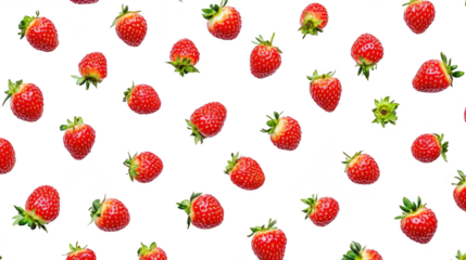 A arrangement of fresh strawberries scattered on a clean white surface. their bright red color and green leaves. ideal for food photography and culinary use