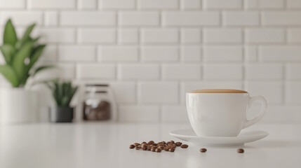 White ceramic cup filled with coffee on saucer with coffee beans scattered on clean white surface and blurred plants in background