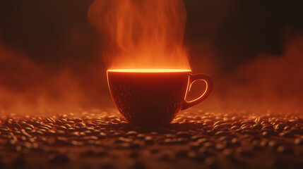 Glowing coffee cup emits steam surrounded by coffee beans on dark surface, creating warm and inviting atmosphere