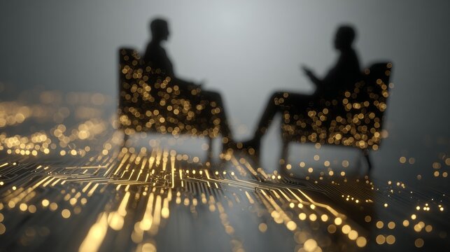 Mindful conversations unfold in a light-filled counseling room. Human robot. Therapy session with visual details of office art and city views. Cyber technology. Human partnership.