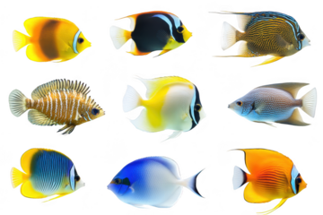 A collection of tropical fish various colors and patterns. swimming gracefully against a clean white background. ideal for educational or decorative purposes in aquatic themes