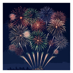 Firework show on blue night sky background. New year concept. Congratulations or invitation card background. Vector illustration