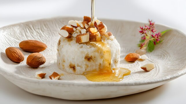 Gourmet Almond Delight: A culinary masterpiece unfolds as a luscious dessert, adorned with crunchy almonds and a delicate drizzle of golden syrup. A true feast for the senses.