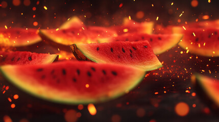 Dynamic glowing illustration of fiery watermelon slices with vibrant red flesh and black seeds surrounded by glowing embers and sparks