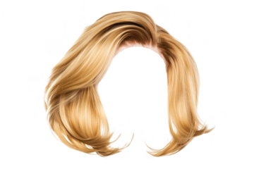 A luxurious. flowing blonde wig with soft waves. displayed against a clean white background. its natural shine and texture. ideal for fashion photography or hair styling tutorials