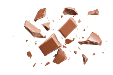 A dynamic composition of broken chocolate pieces scattered on a clean white background. highlighting the texture and richness of the chocolate. ideal for culinary and dessert-themed projects