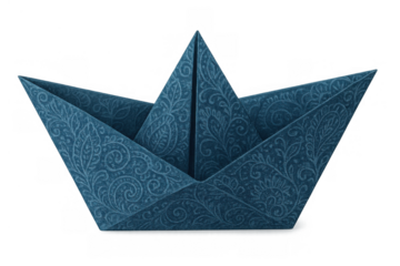 Blue paisley origami paper boat floating, representing dreams, travel, adventure, childhood, and creativity on transparent background