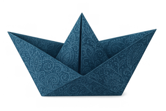 Blue paisley origami paper boat floating, representing dreams, travel, adventure, childhood, and creativity on transparent background