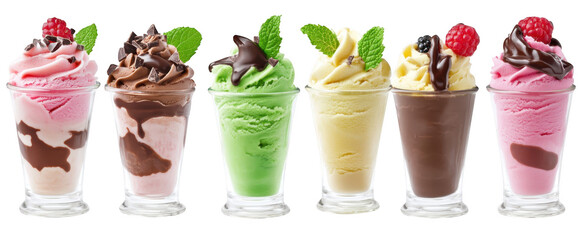 A display of assorted ice cream desserts served in clear glasses. featuring flavors like chocolate. mint. and raspberry. with fresh mint leaves and chocolate drizzle. perfect for summer treats