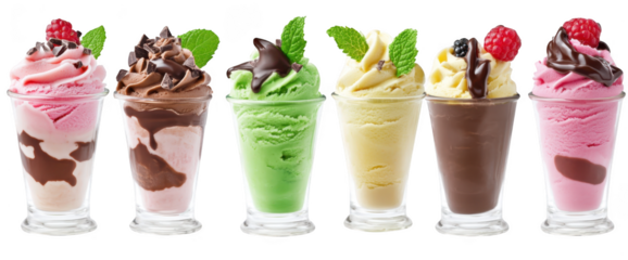 A display of assorted ice cream desserts served in clear glasses. featuring flavors like chocolate. mint. and raspberry. with fresh mint leaves and chocolate drizzle. perfect for summer treats