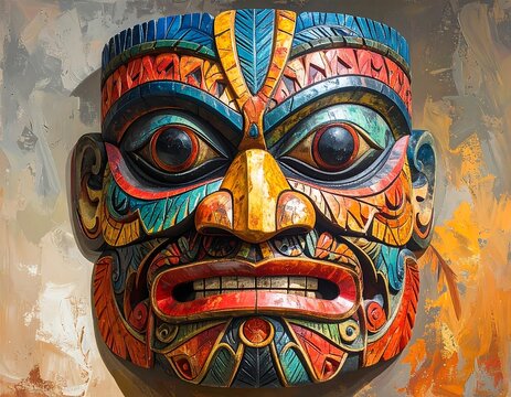 Colorful, carved wooden mask with an intense, tribal expression