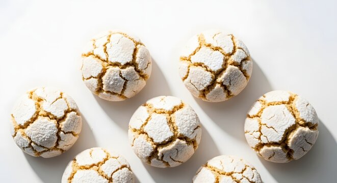 Artisan Almond Cookies: A close-up shot captures the delicate texture and inviting form of several freshly baked almond cookies, perfectly arranged to entice the viewer's eye and tempt the taste buds.