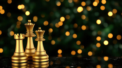 Golden chess pieces with king, queen, and rook standing on reflective surface with blurred golden bokeh lights background creating elegant mood