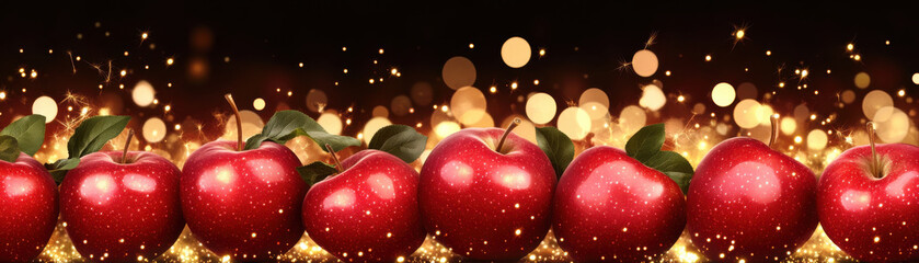 Row of shiny red apples with green leaves glowing warmly against dark background filled with golden bokeh lights and sparkles