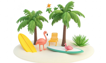 A and playful tropical scene featuring cartoon flamingos. palm trees. a surfboard. and a beach chair on a sandy island. perfect for summer-themed designs or vacation promotions
