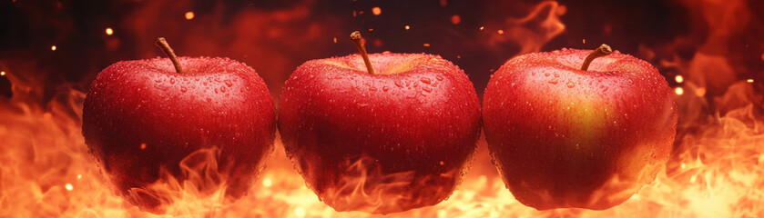 Dynamic illustration of fiery red apples glowing with water droplets surrounded by intense flames creating vibrant and energetic scene
