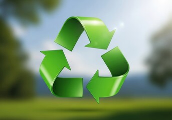 Obraz premium Three dimensional glossy green symbol of continuous material reuse floats against a bright natural outdoor background