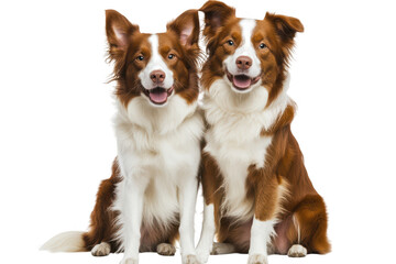 Two cheerful brown and white border collies sitting side by side against a clean white background. their friendly expressions and fluffy coats. ideal for pet-related content