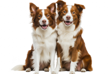 Two cheerful brown and white border collies sitting side by side against a clean white background. their friendly expressions and fluffy coats. ideal for pet-related content