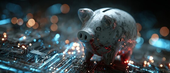 Fragile finances: the symbolism of a broken piggy bank overflowing. Cyber interaction. Broken bank, scattered coins: a tale of economic challenge and tough choices. Human robot.