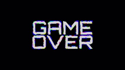 Game over glitch effect for retro digital defeat suitable for video game articles, gaming blogs and digital art. Alpha Channel