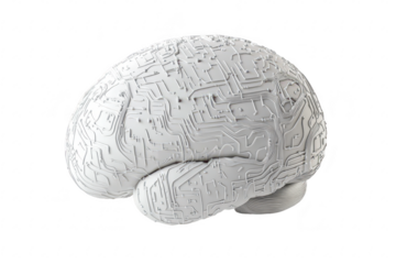 A futuristic. white brain sculpture with intricate circuit patterns. symbolizing artificial intelligence and technology. set against a clean. minimalist background. ideal for tech-themed projects