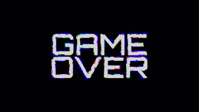 Game over glitch effect for retro digital defeat suitable for video game articles, gaming blogs and digital art. Alpha Channel