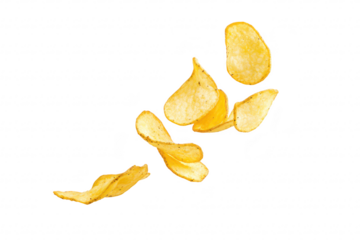 A dynamic shot of crispy potato chips floating mid-air against a clean white background. their texture and shape. ideal for food-related advertising or culinary content