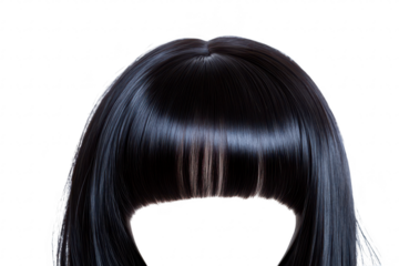 A close-up view of sleek. shiny black hair with a straight fringe. a smooth texture against a white background. ideal for beauty and hair care promotions