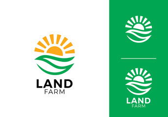 simple sun farmland logo. modern agriculture, green field, farm food vector design concept