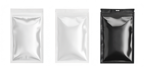 A collection of three sleek. modern packaging pouches in varying colors?white. silver. and black?set against a neutral background. ideal for product design in marketing materials
