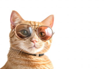 A stylish orange tabby cat wearing trendy sunglasses poses confidently against a plain white background. capturing a playful and fashionable moment perfect for pet-themed content