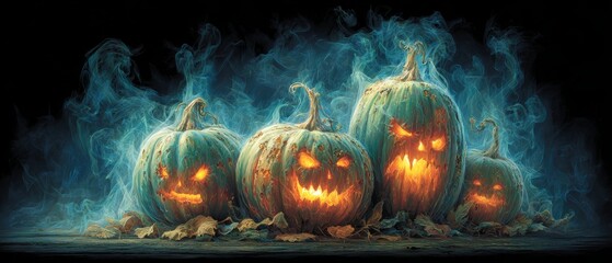 Halloween whimsy: four pumpkins steal the show. Edgy editorial. Captivating pumpkin characters amid ghostly whispers. Surreal composition. Colorful surrealism.