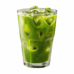 Iced Matcha Green Tea Latte with Ice Cubes in Clear Glass, isolated on transparent background