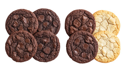 Two rows of chocolate chip cookies and vanilla cookies isolated on transparent background